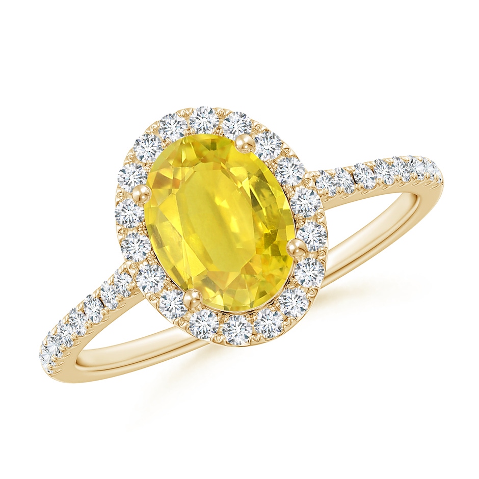 8x6mm AA Double Claw-Set Oval Yellow Sapphire Halo Ring with Diamonds in Yellow Gold 