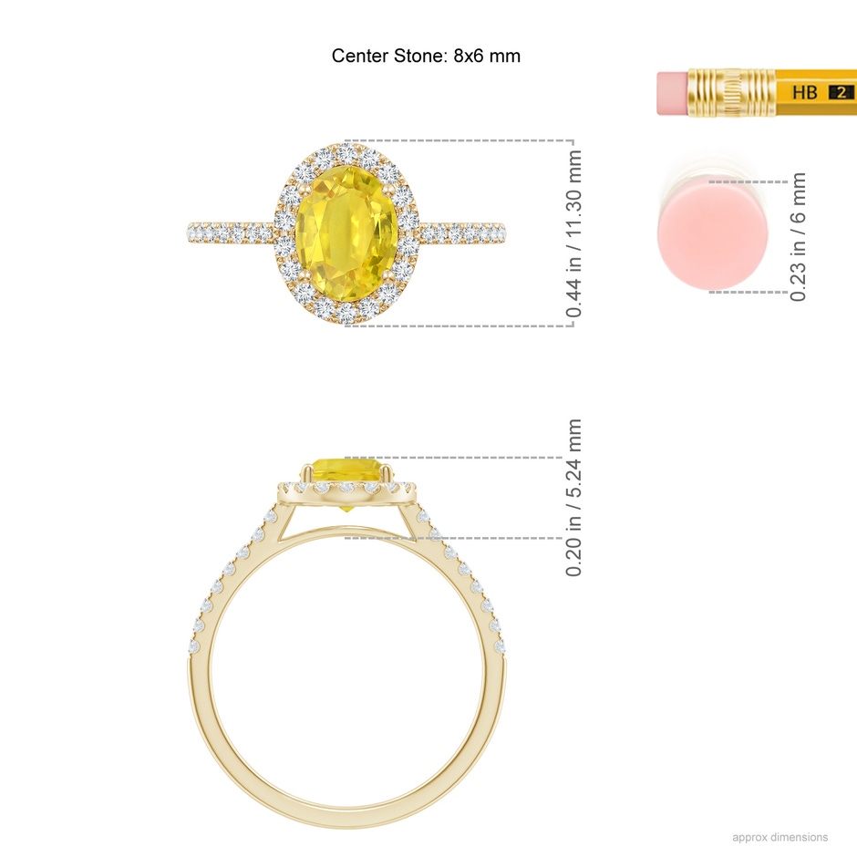 8x6mm AA Double Claw-Set Oval Yellow Sapphire Halo Ring with Diamonds in Yellow Gold ruler