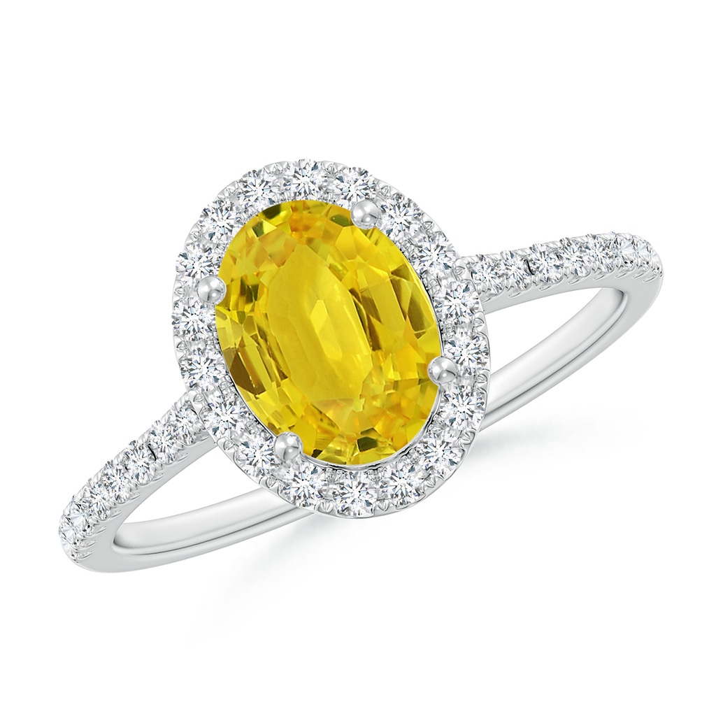 8x6mm AAA Double Claw-Set Oval Yellow Sapphire Halo Ring with Diamonds in White Gold