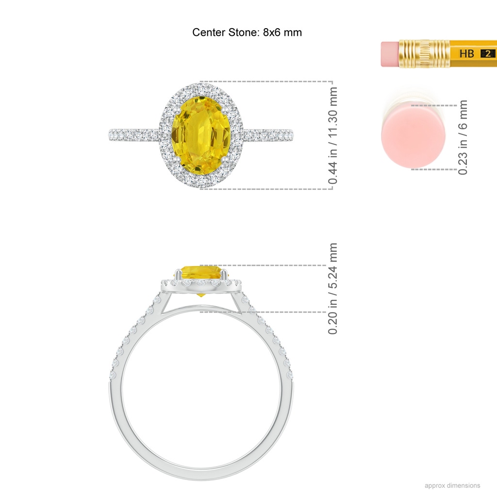 8x6mm AAA Double Claw-Set Oval Yellow Sapphire Halo Ring with Diamonds in White Gold Ruler