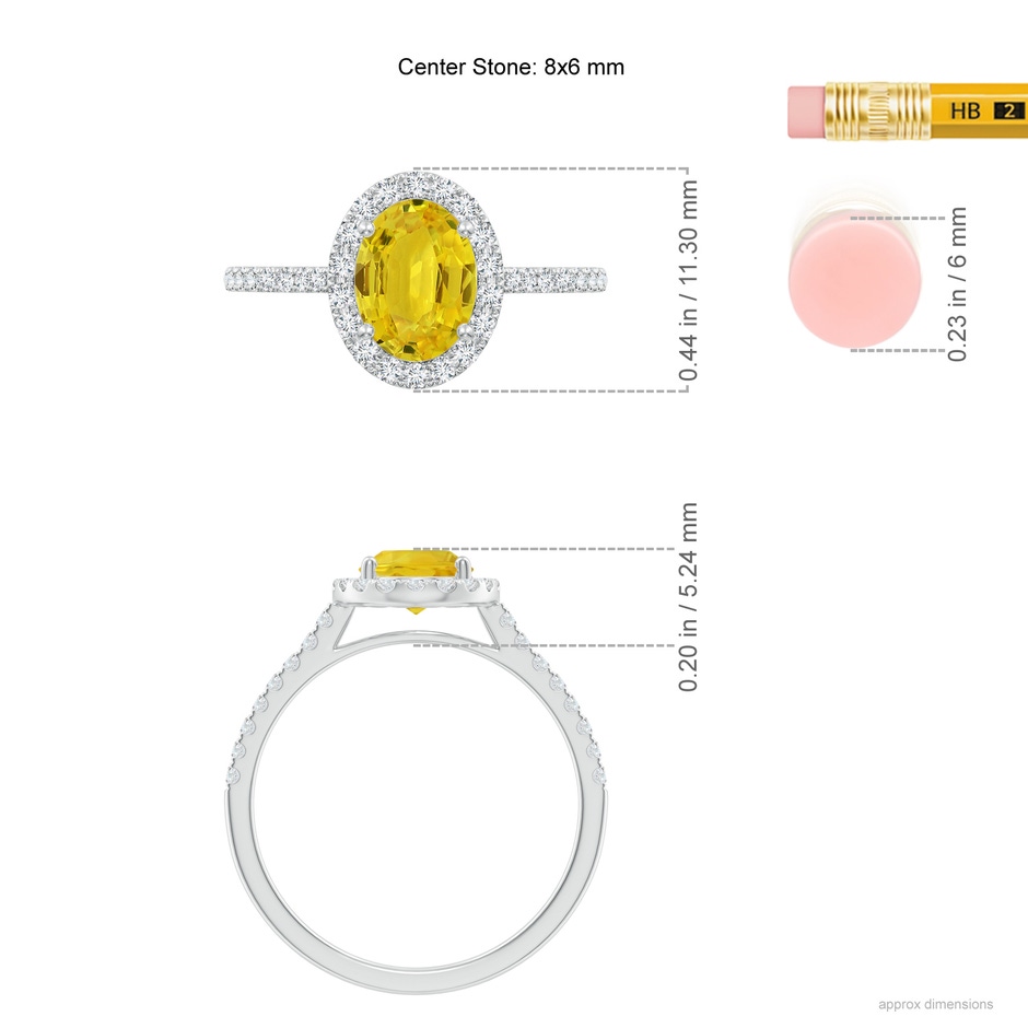 8x6mm AAA Double Claw-Set Oval Yellow Sapphire Halo Ring with Diamonds in White Gold ruler