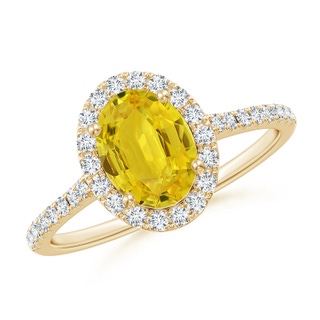 8x6mm AAA Double Claw-Set Oval Yellow Sapphire Halo Ring with Diamonds in Yellow Gold