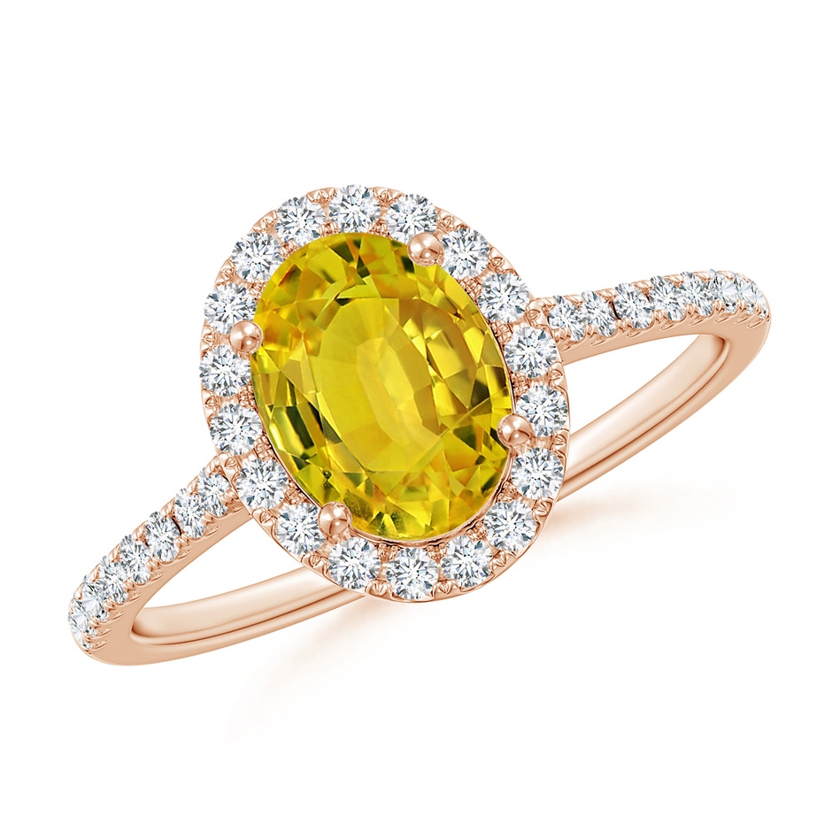 8x6mm AAAA Double Claw-Set Oval Yellow Sapphire Halo Ring with Diamonds in Rose Gold 
