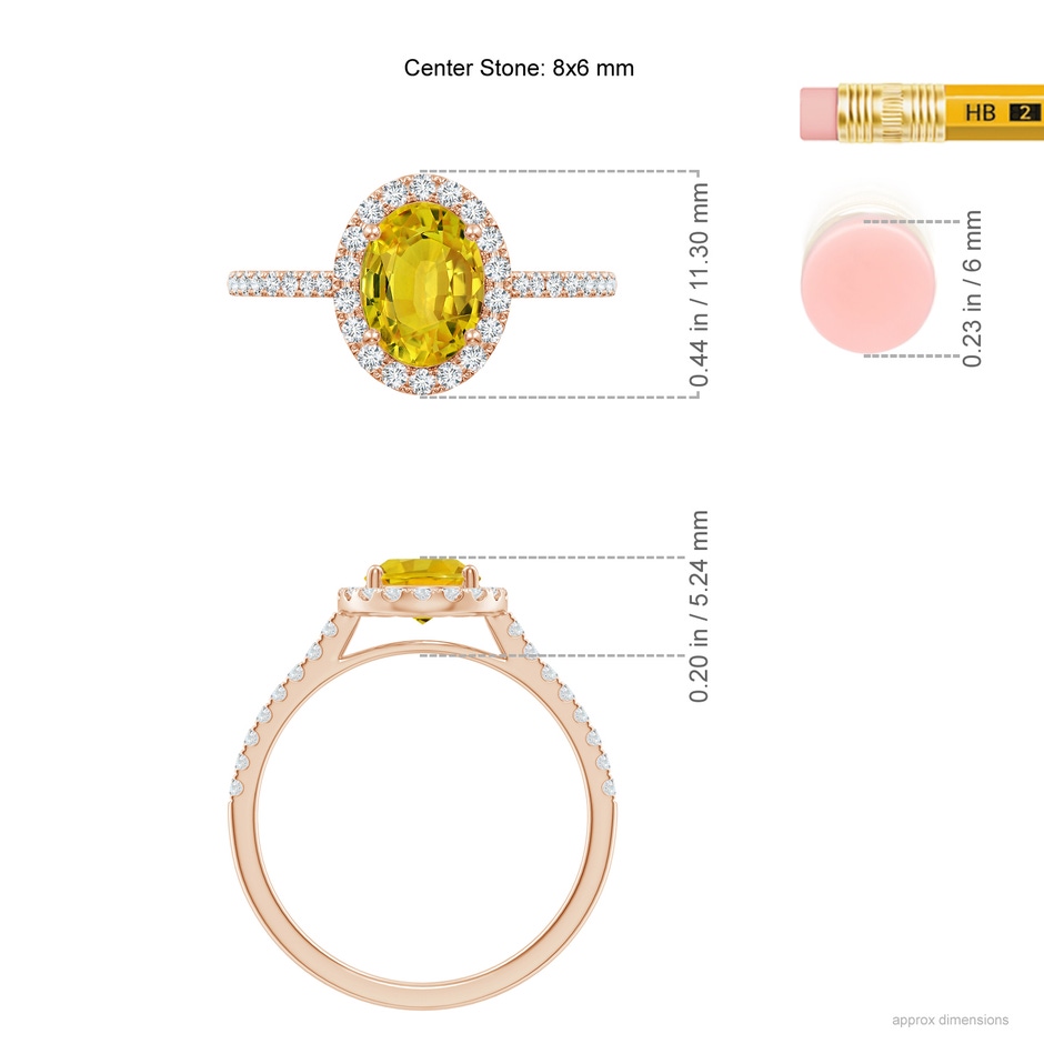 8x6mm AAAA Double Claw-Set Oval Yellow Sapphire Halo Ring with Diamonds in Rose Gold ruler