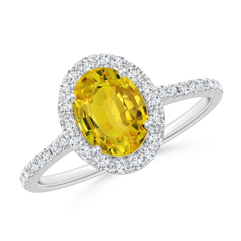 8x6mm AAAA Double Claw-Set Oval Yellow Sapphire Halo Ring with Diamonds in White Gold 