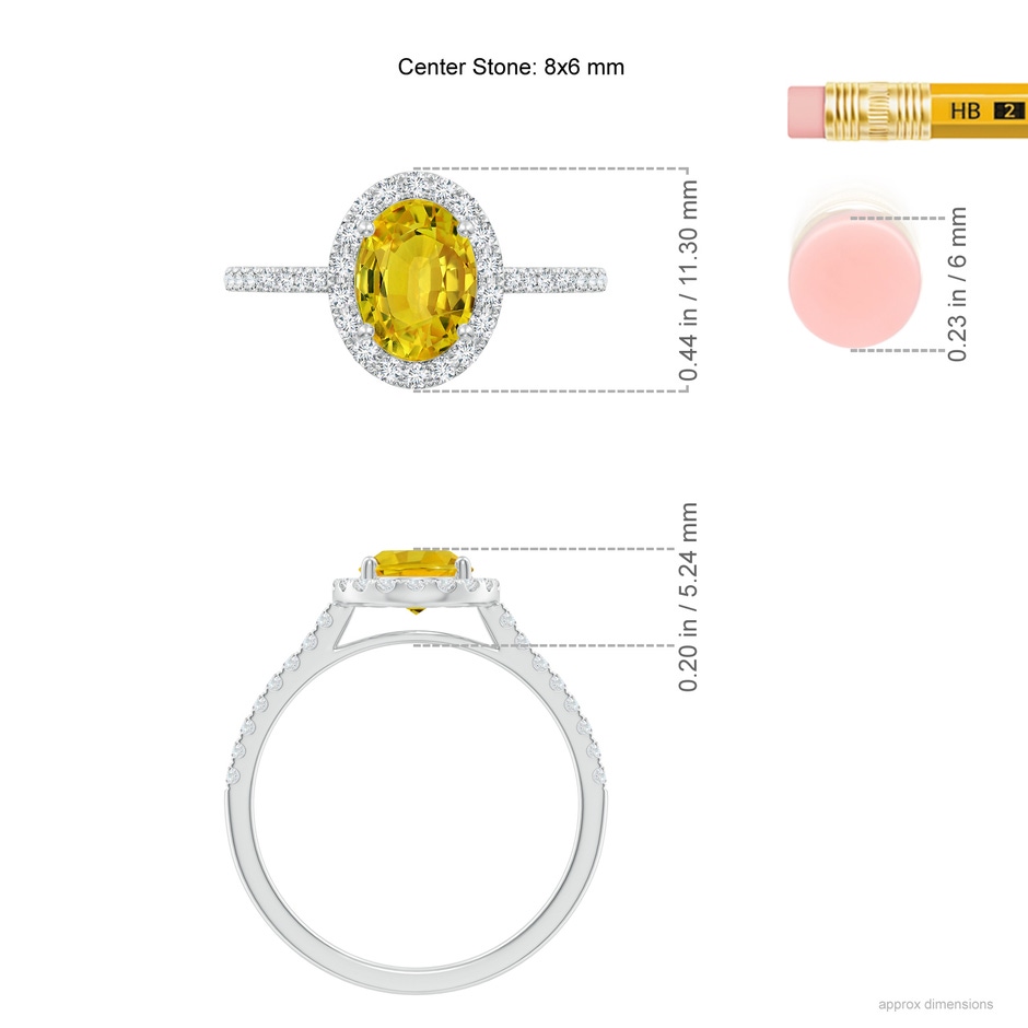 8x6mm AAAA Double Claw-Set Oval Yellow Sapphire Halo Ring with Diamonds in White Gold ruler