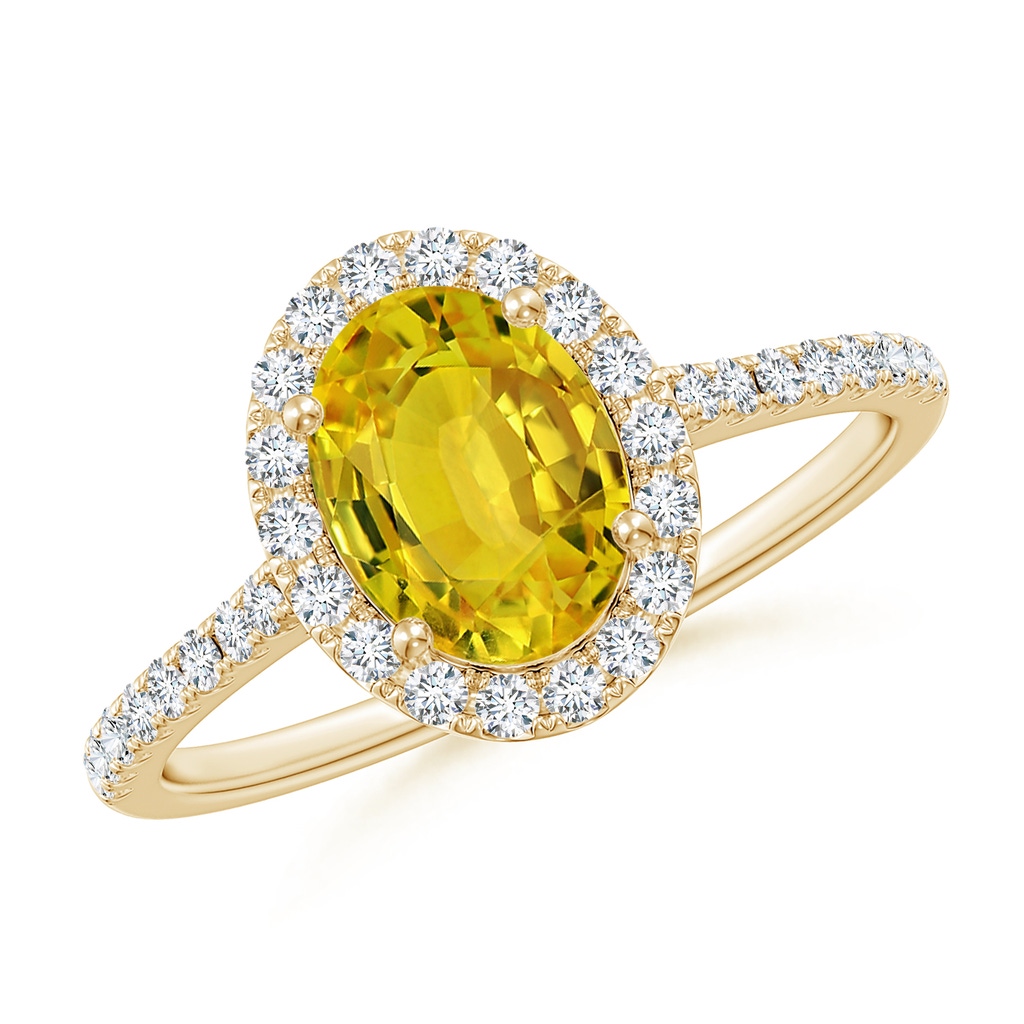 8x6mm AAAA Double Claw-Set Oval Yellow Sapphire Halo Ring with Diamonds in Yellow Gold