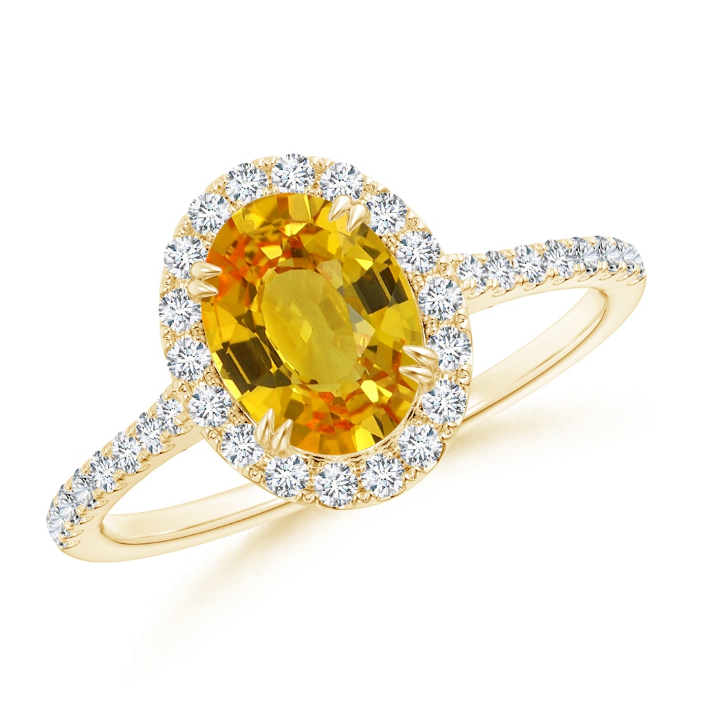 8.03x6.12x3.29mm AAAA Double Claw-Set Oval Yellow Sapphire Halo Ring with Diamonds in 18K Yellow Gold