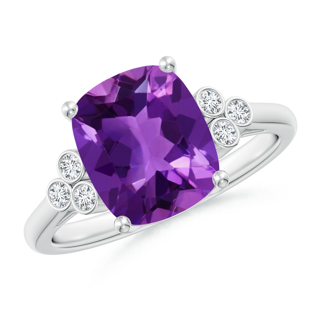 10x8mm AAAA Cushion Amethyst Ring with Trio Bezel Diamonds in P950 Platinum