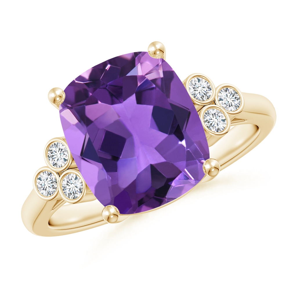 11x9mm AAA Cushion Amethyst Ring with Trio Bezel Diamonds in Yellow Gold