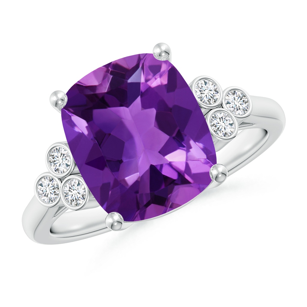 11x9mm AAAA Cushion Amethyst Ring with Trio Bezel Diamonds in White Gold