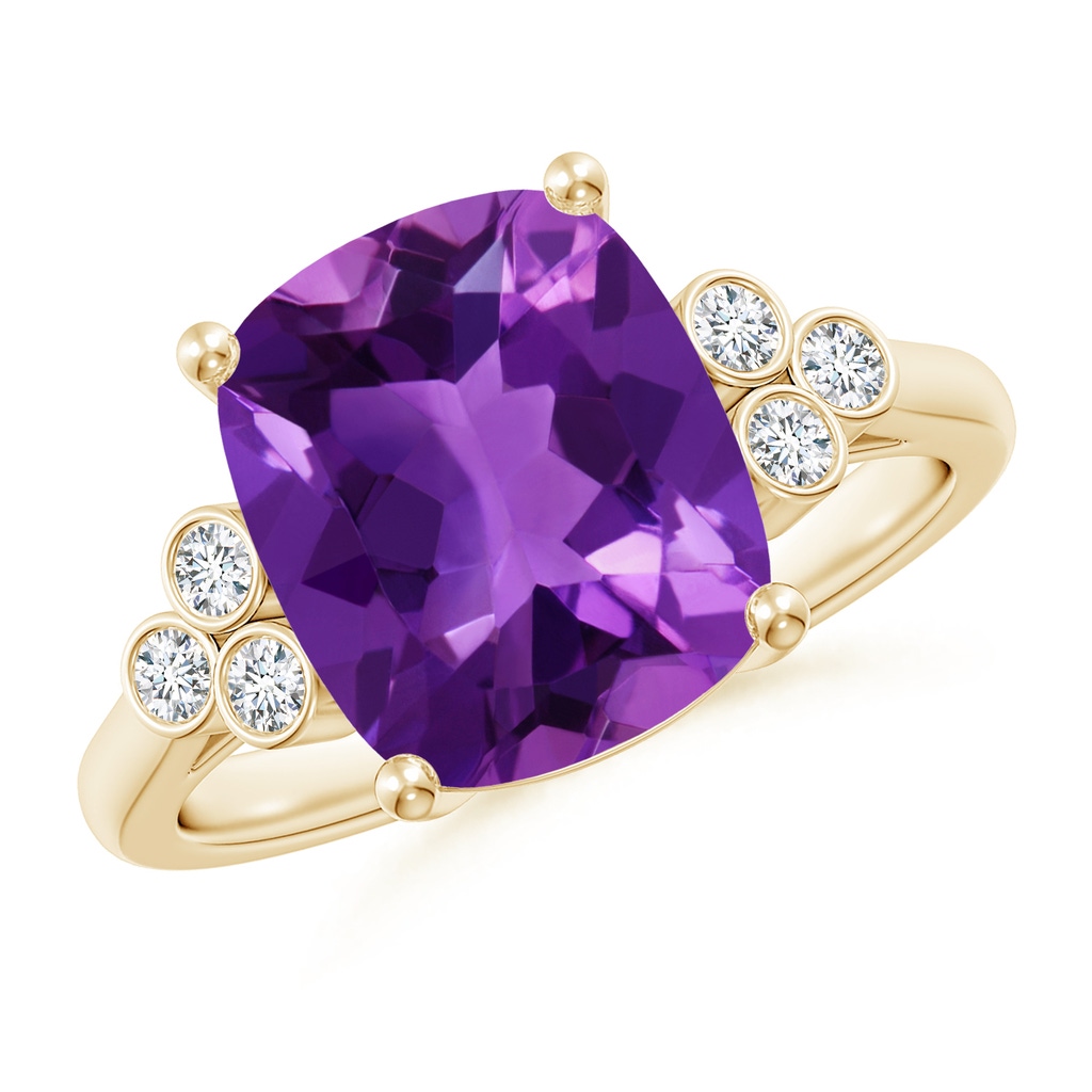 11x9mm AAAA Cushion Amethyst Ring with Trio Bezel Diamonds in Yellow Gold 