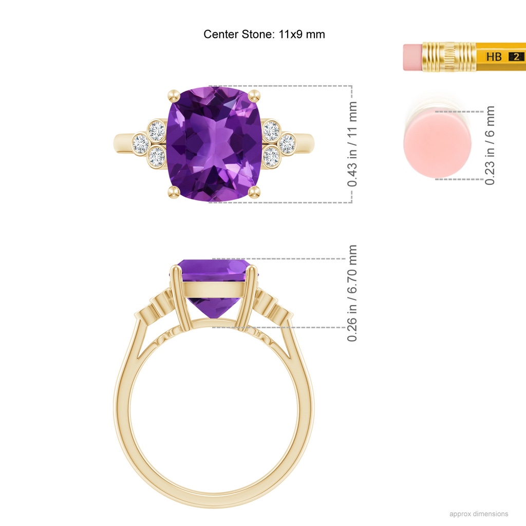 11x9mm AAAA Cushion Amethyst Ring with Trio Bezel Diamonds in Yellow Gold Ruler