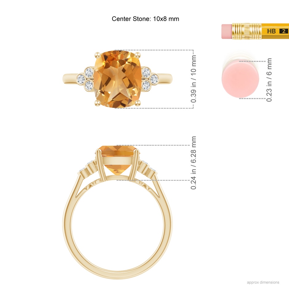10x8mm A Cushion Citrine Ring with Trio Bezel Diamonds in Yellow Gold ruler