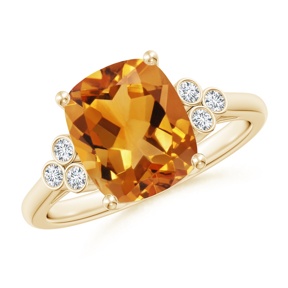 10x8mm AA Cushion Citrine Ring with Trio Bezel Diamonds in Yellow Gold 
