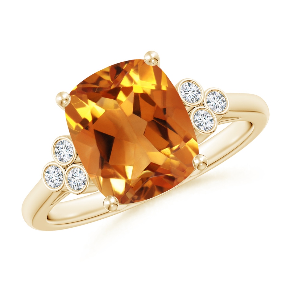 10x8mm AAA Cushion Citrine Ring with Trio Bezel Diamonds in 9K Yellow Gold 