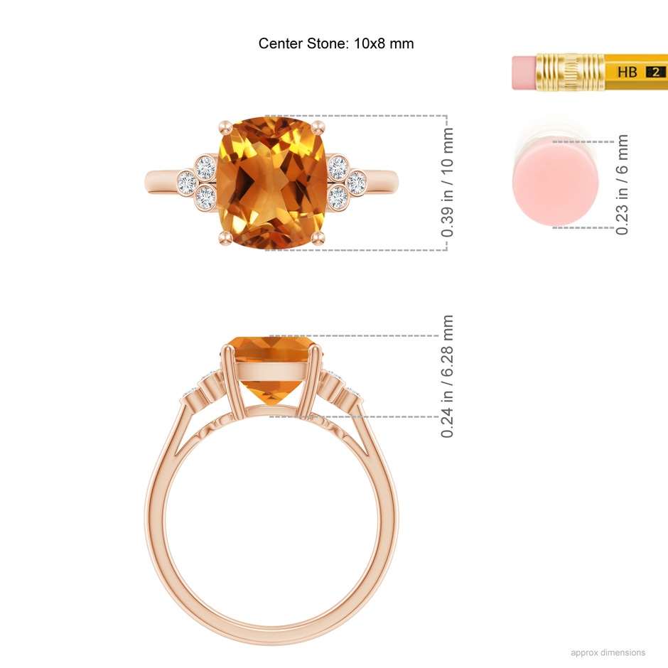 10x8mm AAA Cushion Citrine Ring with Trio Bezel Diamonds in Rose Gold ruler