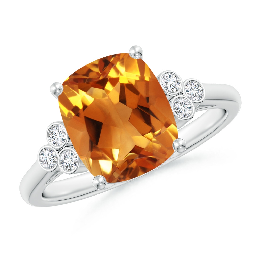 10x8mm AAA Cushion Citrine Ring with Trio Bezel Diamonds in White Gold