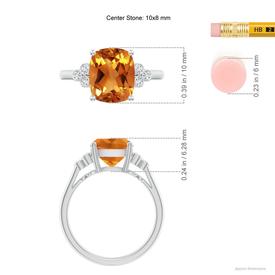 10x8mm AAA Cushion Citrine Ring with Trio Bezel Diamonds in White Gold ruler