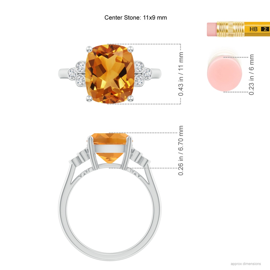 11x9mm AA Cushion Citrine Ring with Trio Bezel Diamonds in White Gold ruler
