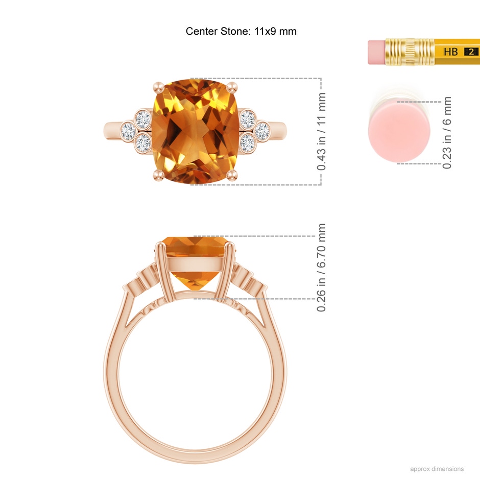 11x9mm AAA Cushion Citrine Ring with Trio Bezel Diamonds in Rose Gold ruler