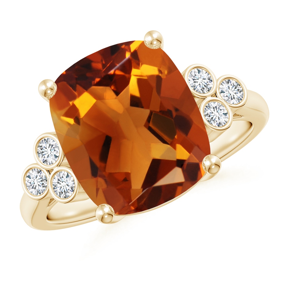 12x10mm AAAA Cushion Citrine Ring with Trio Bezel Diamonds in Yellow Gold 