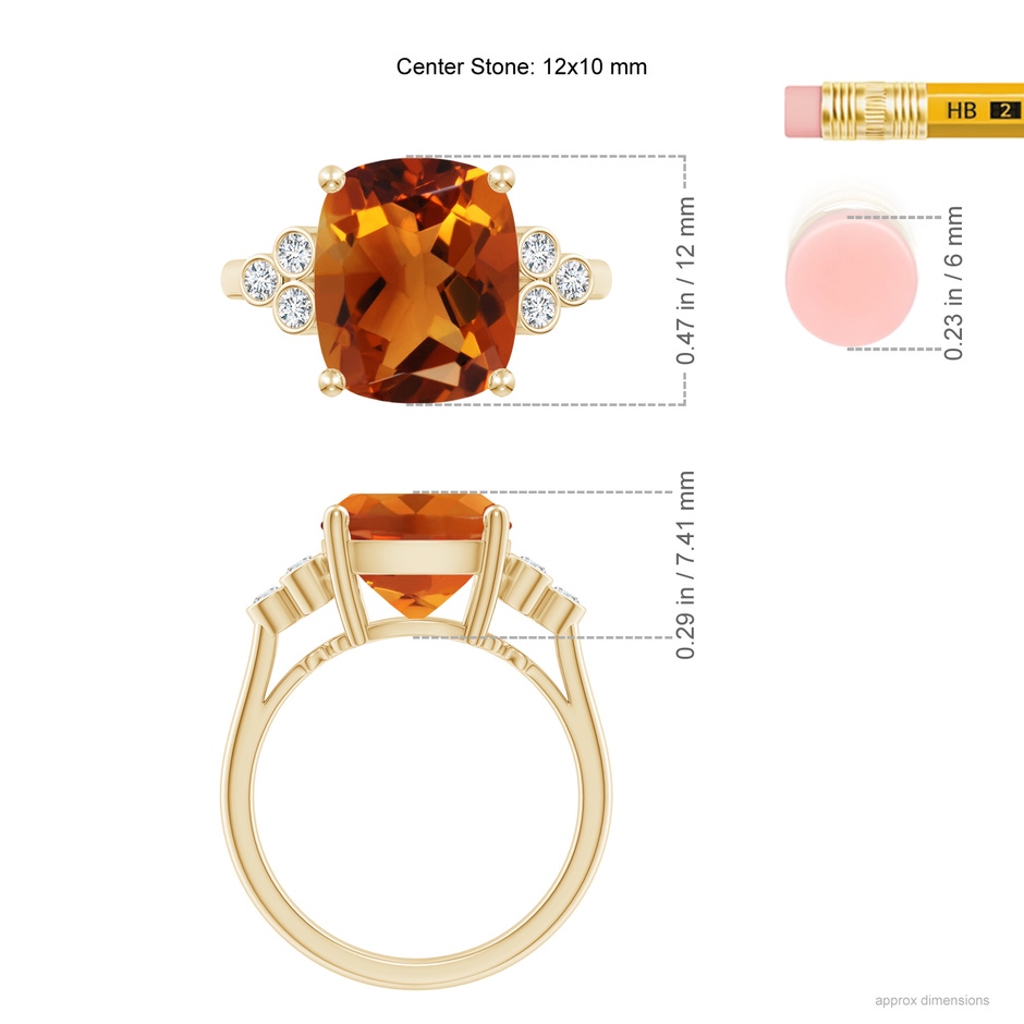 12x10mm AAAA Cushion Citrine Ring with Trio Bezel Diamonds in Yellow Gold ruler