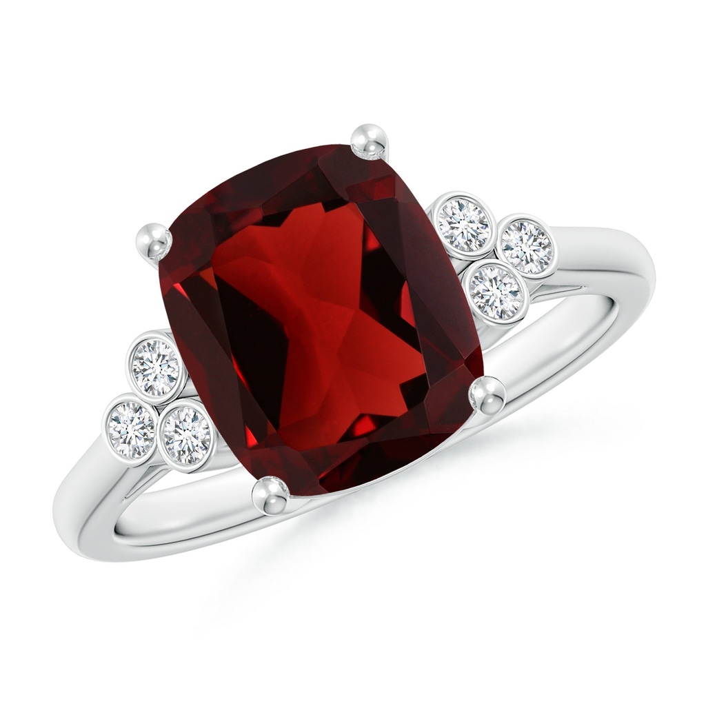 10x8mm AAA Cushion Garnet Ring with Trio Bezel Diamonds in White Gold