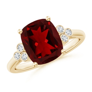 10x8mm AAAA Cushion Garnet Ring with Trio Bezel Diamonds in Yellow Gold