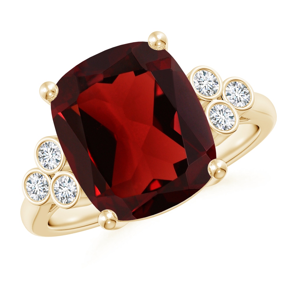 12x10mm AAA Cushion Garnet Ring with Trio Bezel Diamonds in Yellow Gold