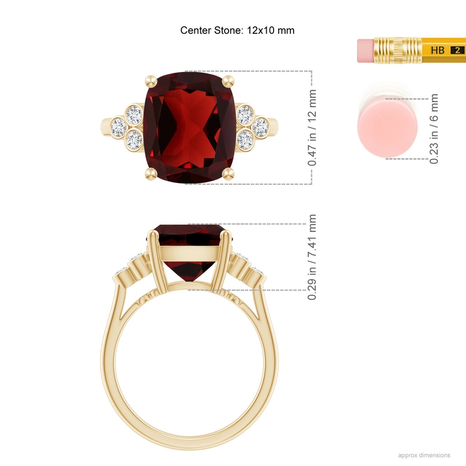 12x10mm AAA Cushion Garnet Ring with Trio Bezel Diamonds in Yellow Gold ruler