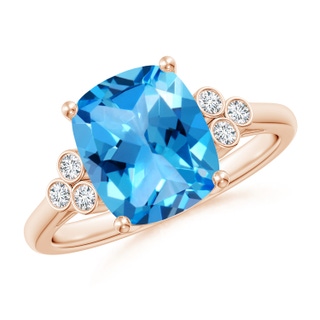 10x8mm AAAA Cushion Swiss Blue Topaz Ring with Trio Bezel Diamonds in Rose Gold