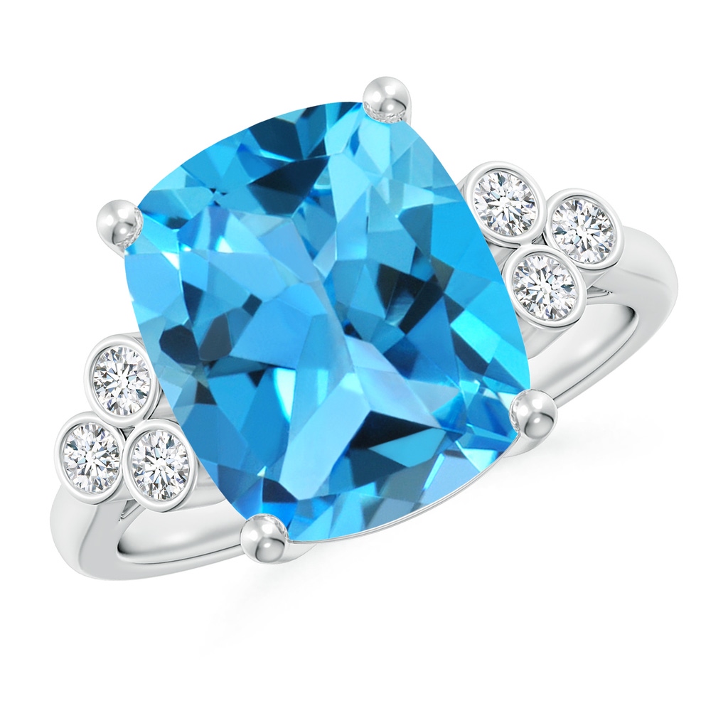 12x10mm AAA Cushion Swiss Blue Topaz Ring with Trio Bezel Diamonds in White Gold