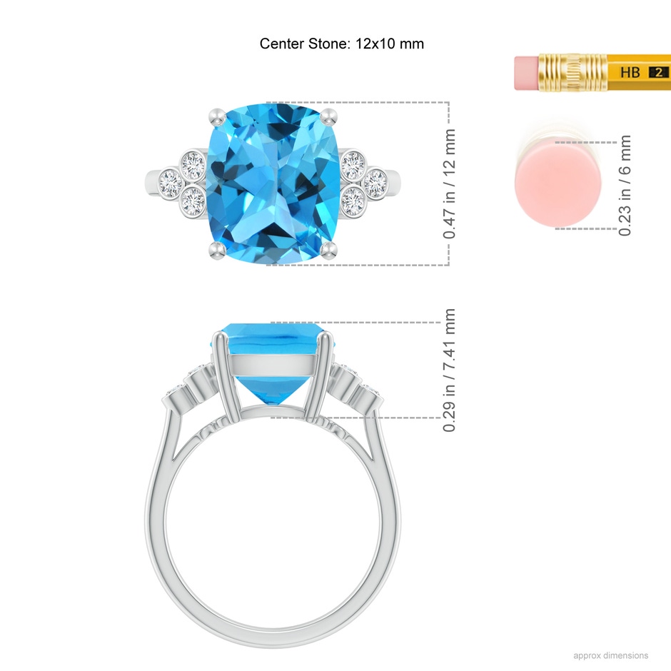 12x10mm AAA Cushion Swiss Blue Topaz Ring with Trio Bezel Diamonds in White Gold Ruler