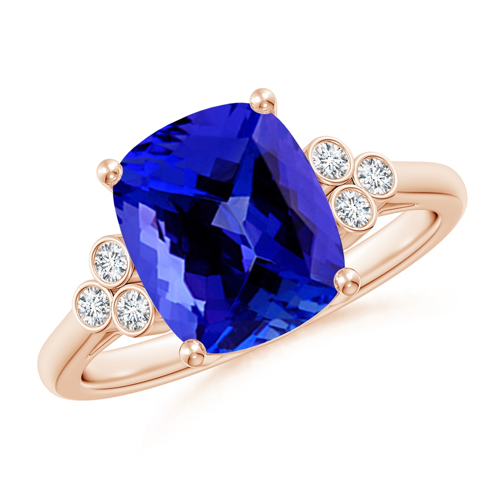 10x8mm AAAA Cushion Tanzanite Ring with Trio Bezel Diamonds in Rose Gold