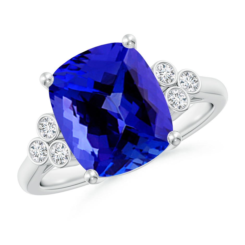 11x9mm AAAA Cushion Tanzanite Ring with Trio Bezel Diamonds in P950 Platinum 