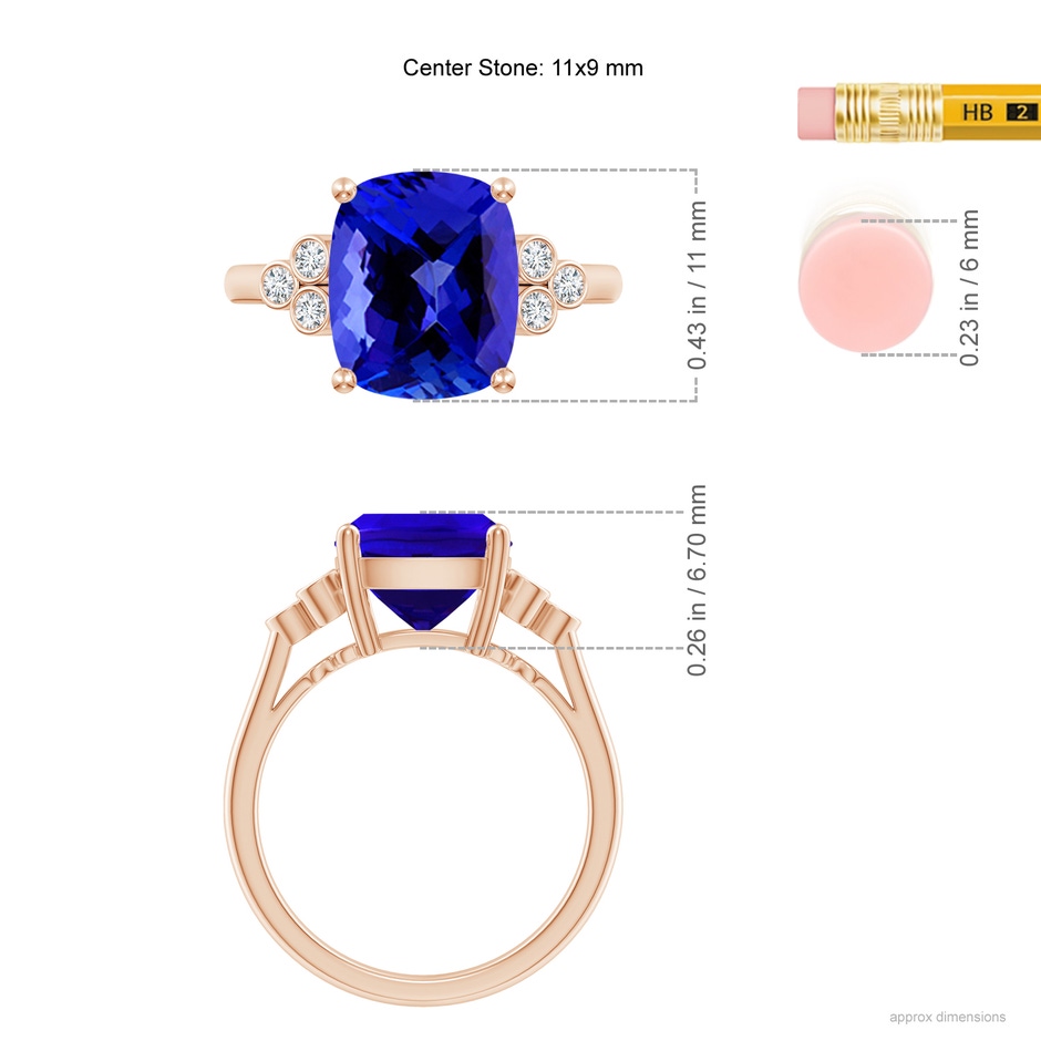 11x9mm AAAA Cushion Tanzanite Ring with Trio Bezel Diamonds in Rose Gold ruler