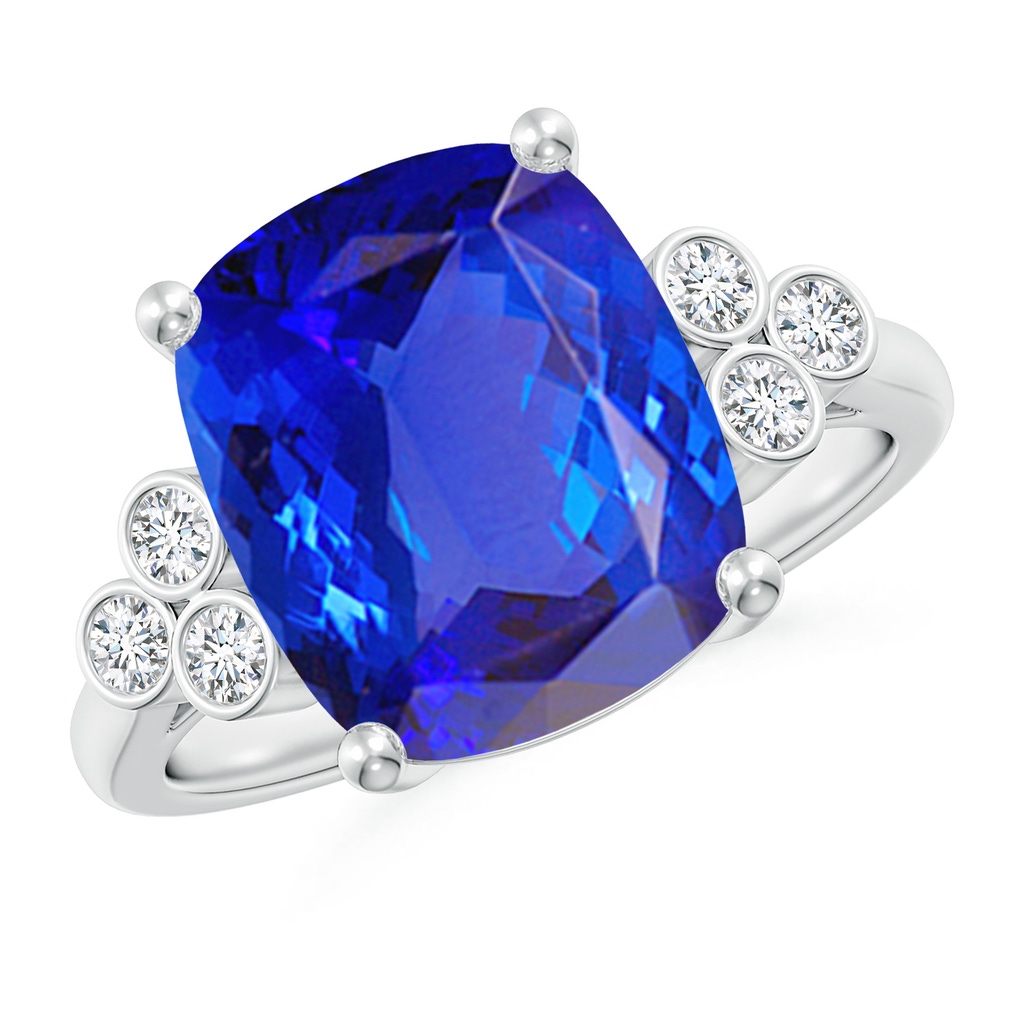12x10mm AAA Cushion Tanzanite Ring with Trio Bezel Diamonds in White Gold