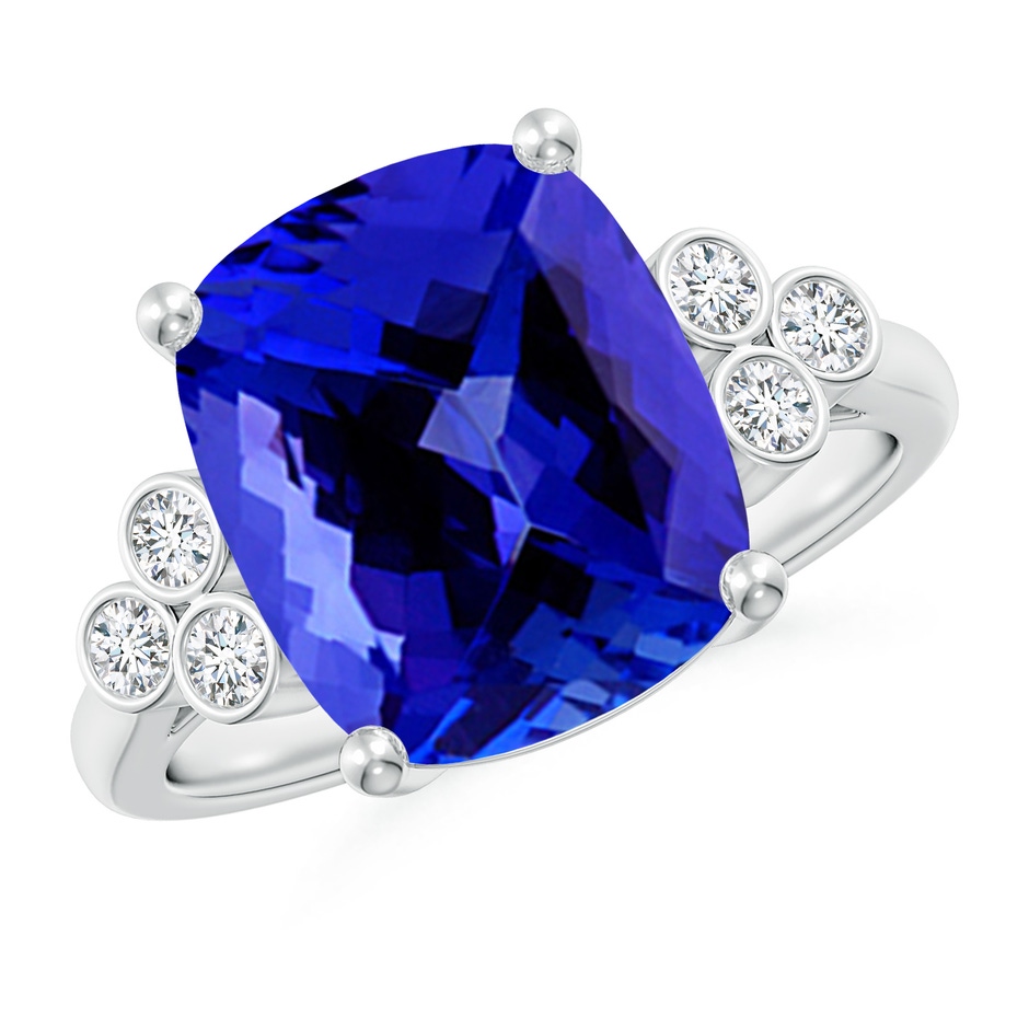 12x10mm AAAA Cushion Tanzanite Ring with Trio Bezel Diamonds in P950 Platinum 