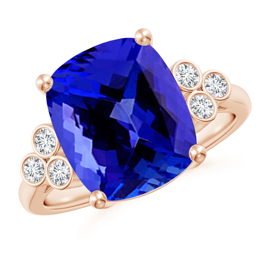12x10mm AAAA Cushion Tanzanite Ring with Trio Bezel Diamonds in Rose Gold 