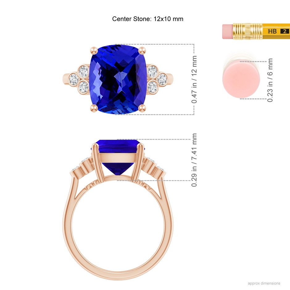 12x10mm AAAA Cushion Tanzanite Ring with Trio Bezel Diamonds in Rose Gold ruler
