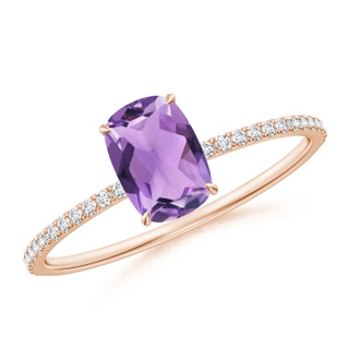 7x5mm A Thin Shank Cushion Cut Amethyst Ring With Diamond Accents in Rose Gold