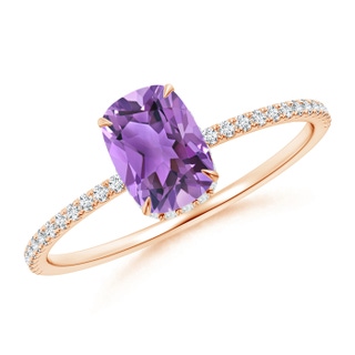 7x5mm AA Thin Shank Cushion Cut Amethyst Ring With Diamond Accents in 9K Rose Gold