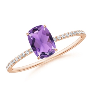 7x5mm AA Thin Shank Cushion Cut Amethyst Ring With Diamond Accents in Rose Gold