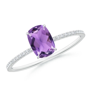 7x5mm AA Thin Shank Cushion Cut Amethyst Ring With Diamond Accents in White Gold