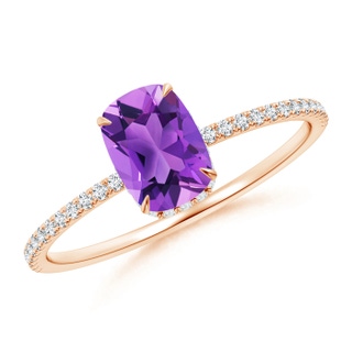 7x5mm AAA Thin Shank Cushion Cut Amethyst Ring With Diamond Accents in 10K Rose Gold