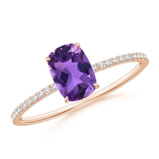7x5mm AAA Thin Shank Cushion Cut Amethyst Ring With Diamond Accents in Rose Gold