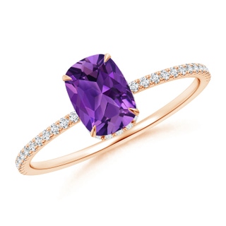 7x5mm AAAA Thin Shank Cushion Cut Amethyst Ring With Diamond Accents in 10K Rose Gold