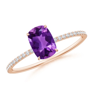 7x5mm AAAA Thin Shank Cushion Cut Amethyst Ring With Diamond Accents in Rose Gold