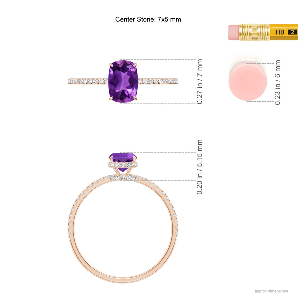 7x5mm AAAA Thin Shank Cushion Cut Amethyst Ring With Diamond Accents in Rose Gold Ruler